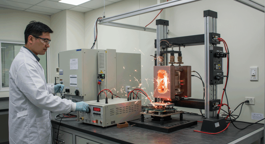 Scientist performing electric shock analysis on an electronic device illustrating a type of motion and dynamic force analysis