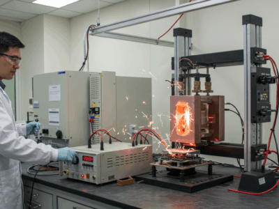 Scientist performing electric shock analysis on an electronic device illustrating a type of motion and dynamic force analysis