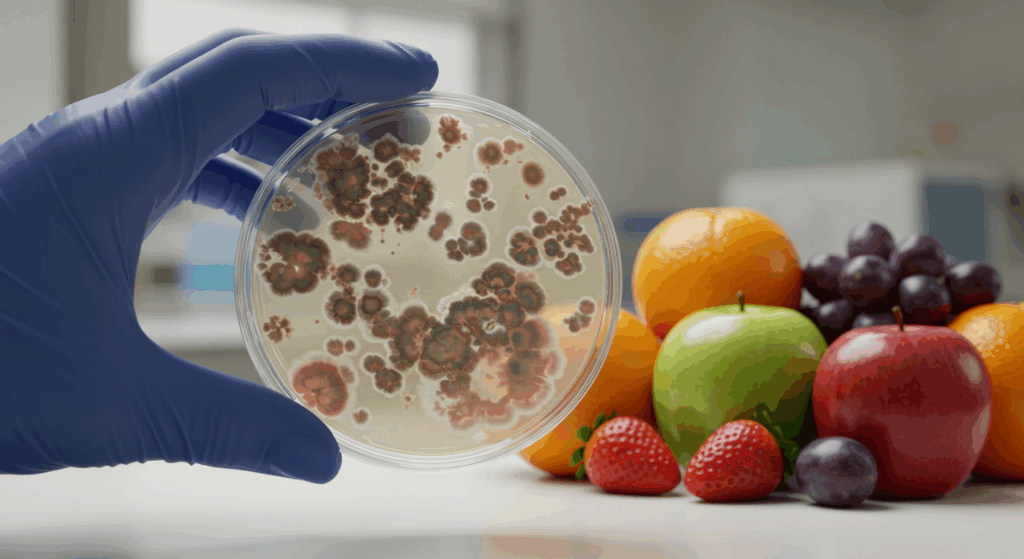 Mycotoxins and Contaminant Testing: Hand in blue glove holding petri dish with mold colonies, fresh fruits in background.