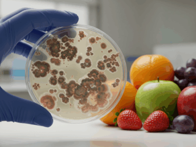 Mycotoxins and Contaminant Testing: Hand in blue glove holding petri dish with mold colonies, fresh fruits in background.