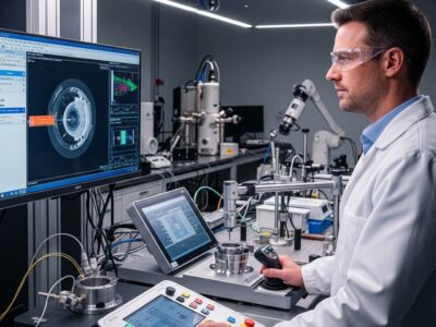 Engineer operating advanced equipment for non-destructive testing, with detailed component imaging displayed on a monitor.