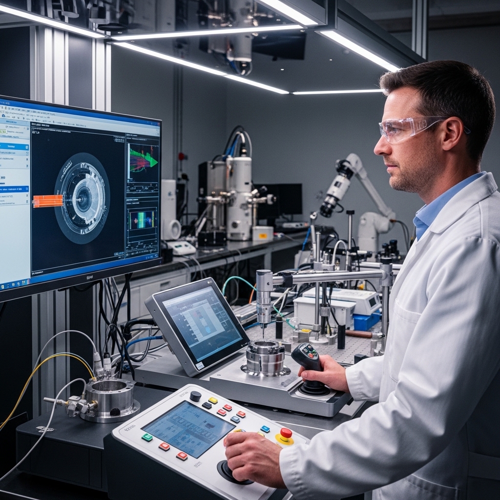 Engineer operating advanced equipment for non-destructive testing, with detailed component imaging displayed on a monitor.