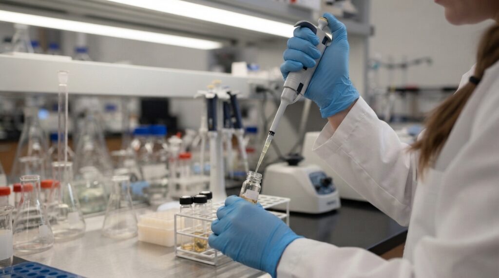 Gloved lab technician preparing a food sample with a pipette for nutritional analysis testing in a laboratory
