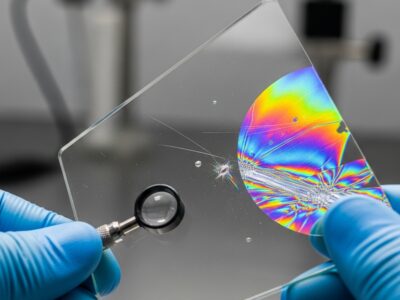 Close-up of gloved hands holding a glass sheet with a magnifying tool, showing a colorful stress pattern from optical inspection.