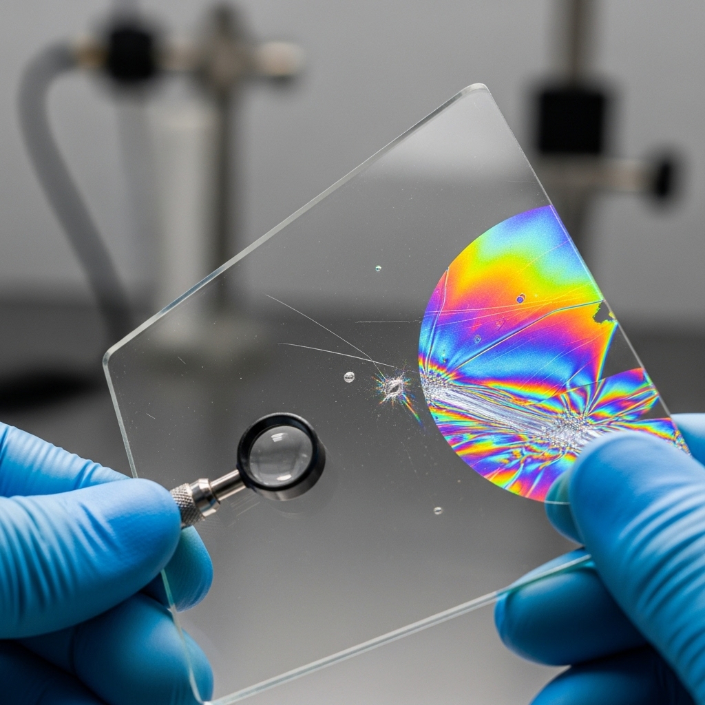 Close-up of gloved hands holding a glass sheet with a magnifying tool, showing a colorful stress pattern from optical inspection.