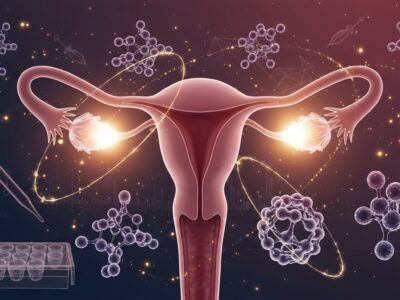 A graceful, high-detail scientific visualization of the female reproductive system, softly lit, with the ovaries highlighted as luminous focal points. Floating around the scene, show abstract molecular biomarkers and protein structures gently orbiting or forming connection networks, suggesting early detection and diagnostic screening. Use a palette of soft rose, deep violet, and warm gold accents to convey seriousness and care. Subtle overlays of lab imagery (pipette tip silhouette, microplate wells, faint genomic sequencing lines) blend into the background. Style: elegant, modern biomedical illustration with a hopeful tone. Illustating the significance of ovarian cancer screening