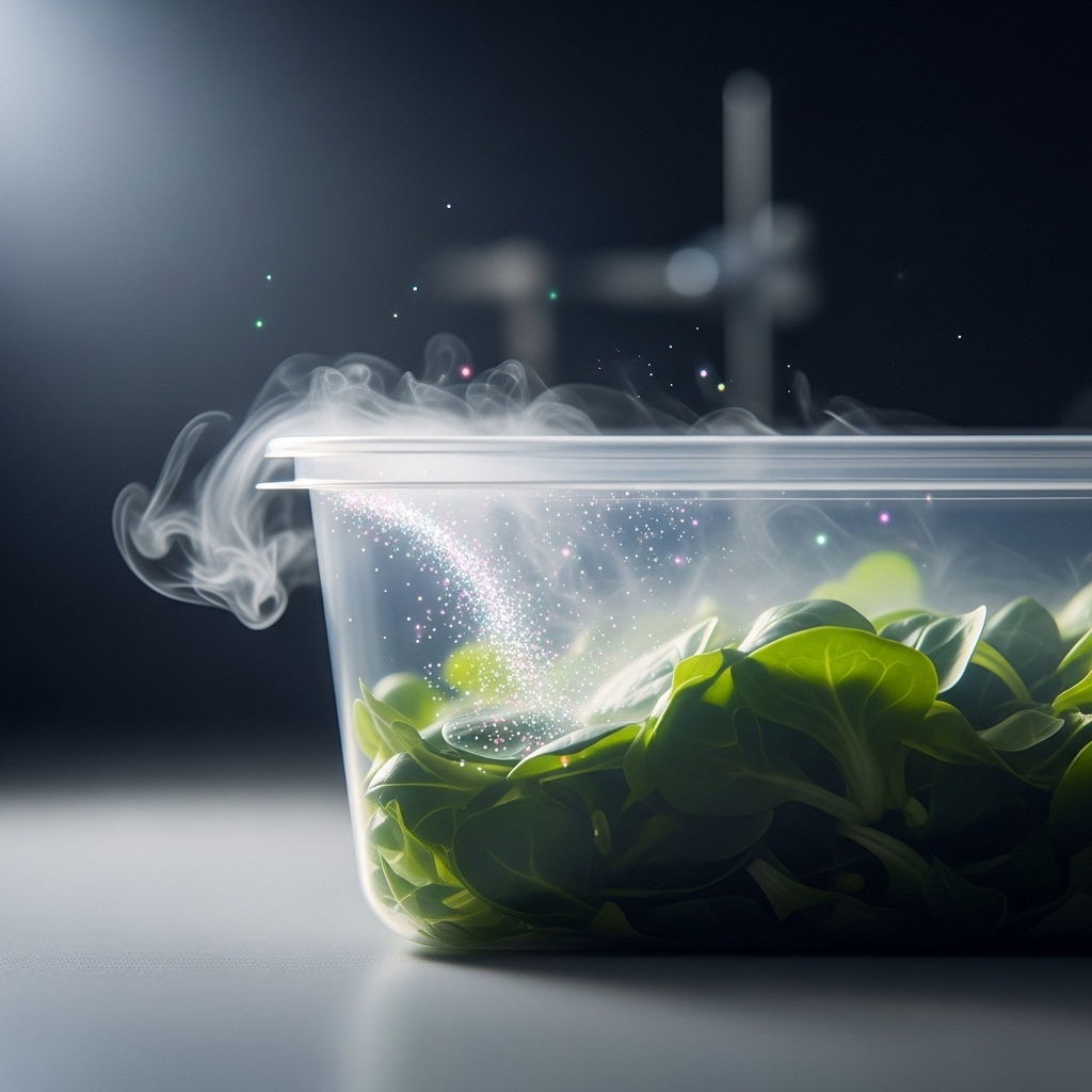 A close-up of a clear plastic container filled with fresh green leafy vegetables, with a visible mist or vapor swirling inside, illuminated by bright light, suggesting freshness testing or packaging quality control in a laboratory setting.