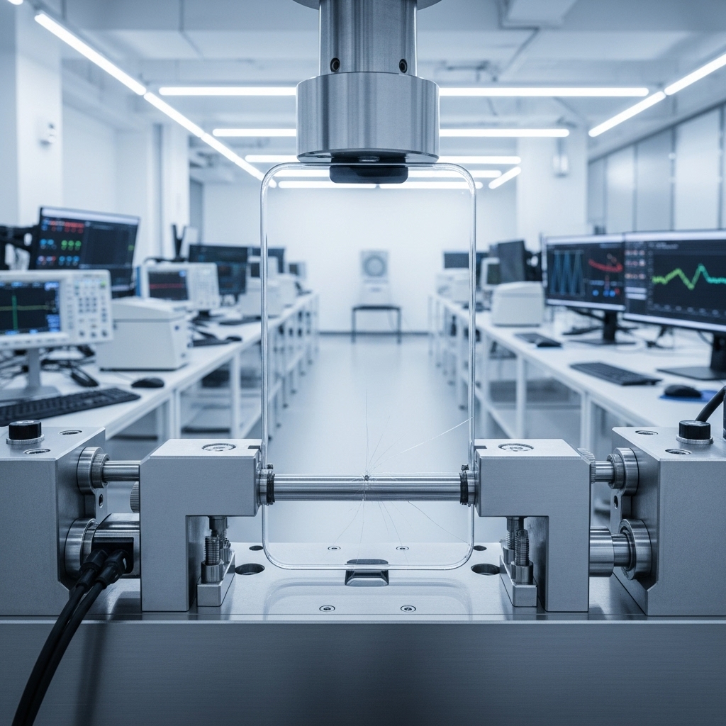 Close-up of a glass panel undergoing mechanical performance testing in a laboratory, with monitoring equipment in the background.