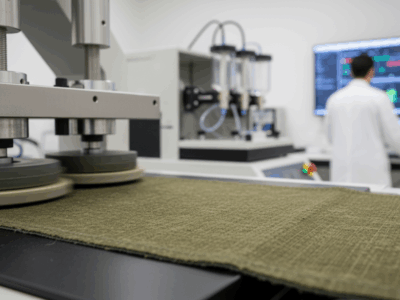 Abrasion testing of military technical fabric in a laboratory.