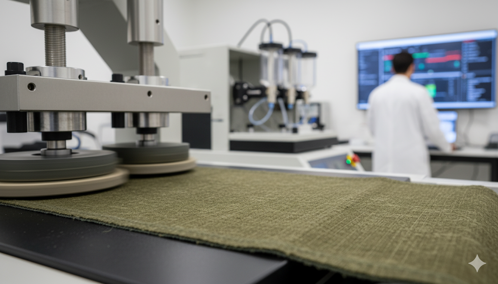 Abrasion testing of military technical fabric in a laboratory.