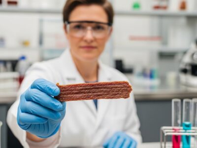 scientist folding a poece of jerkey-style pet treat e,phasizing the importance of laboratory testing
