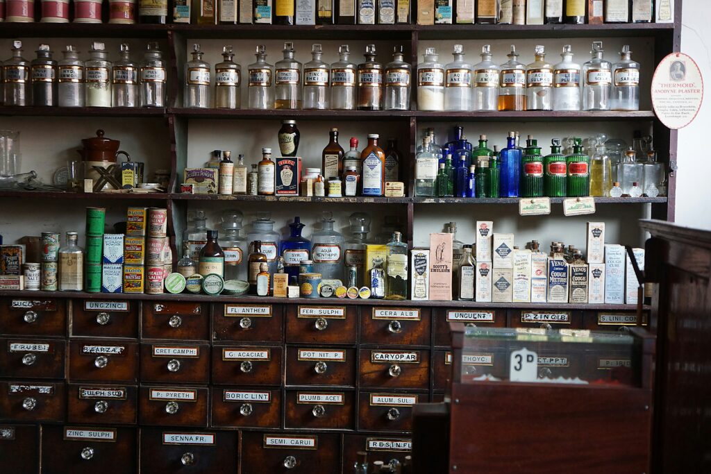 Long shot of a compounding pharmacy with homeopathy and allopathy formulations.