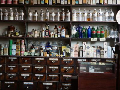 Long shot of a compounding pharmacy with homeopathy and allopathy formulations.