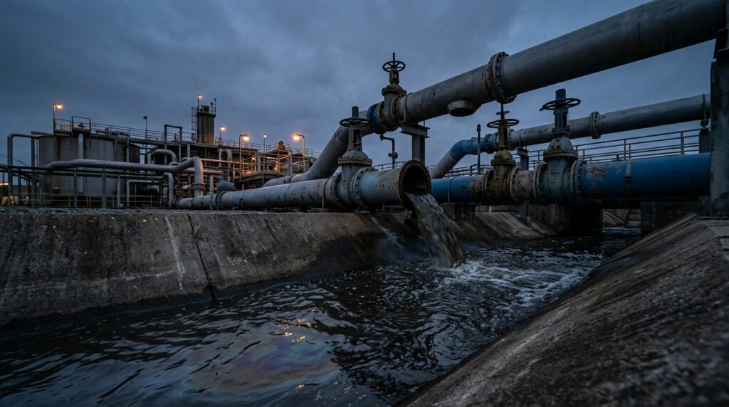 Industrial discharge pipes at a water treatment facility, illustrating PFAS source-control and NPDES permit compliance challenges.