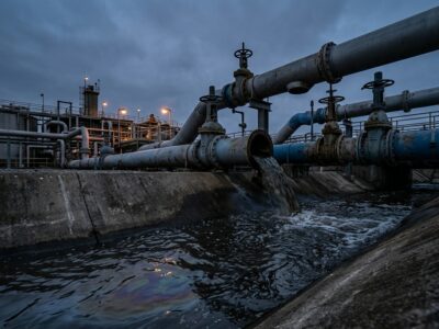 Industrial discharge pipes at a water treatment facility, illustrating PFAS source-control and NPDES permit compliance challenges.