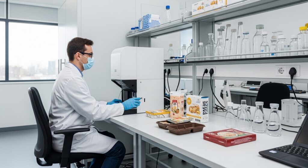 a modern lab with a technician performing PFAS testing on food packaging