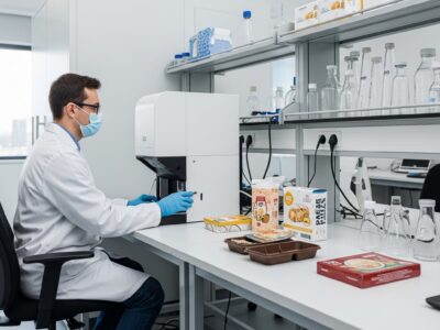 a modern lab with a technician performing PFAS testing on food packaging