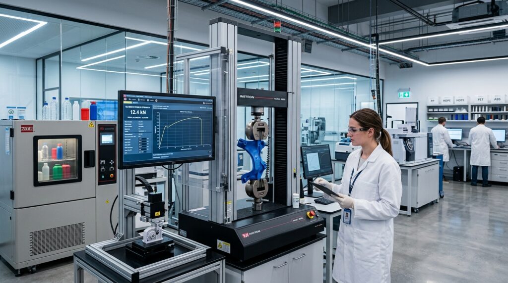 an ulta modern materials testing lab performing testing on plastic products