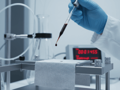 Close-up of chemical permeation testing in a lab to verify protective clothing resistance.