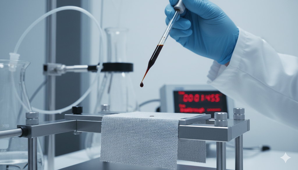 Close-up of chemical permeation testing in a lab to verify protective clothing resistance.