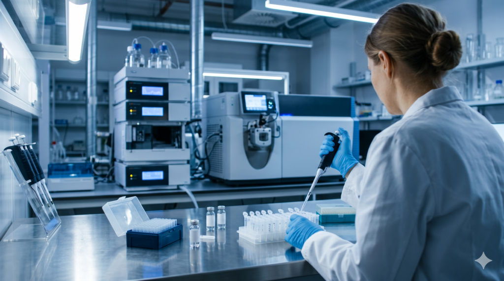 A scientist in a white lab coat and blue gloves uses a pipette to dispense a sample into microtubes at a stainless steel workstation, with a mass spectrometer and chromatography system visible in the blurred background.