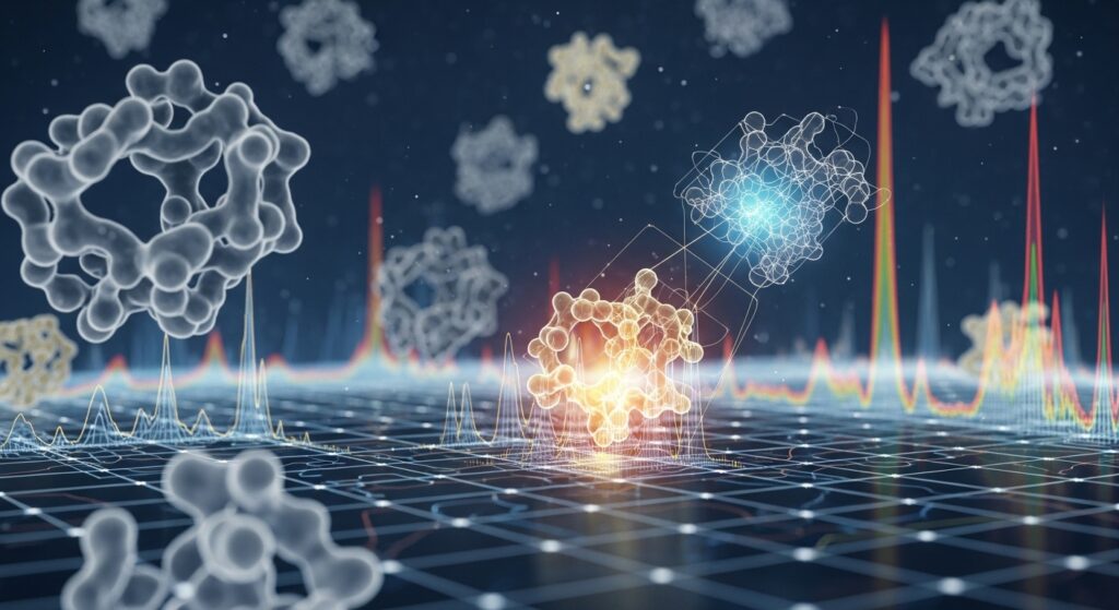 A high-resolution visualization of a complex protein landscape inside a cell, illustrating proteomic profile techniques