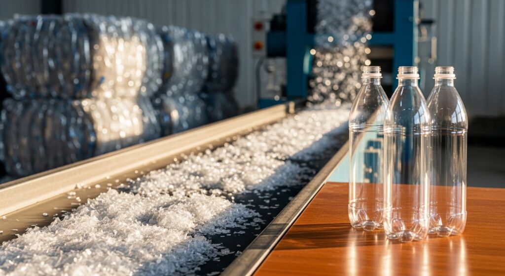 The mechanical recycling journey of rPET: post-consumer PET bottles transforming into washed flakes, rPET resin pellets, and final sustainable clear beverage packaging.