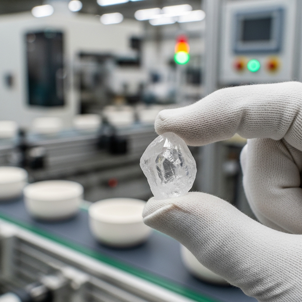 Gloved hand holding a large, uncut crystal or mineral specimen in an industrial setting, likely for raw material quality inspection.