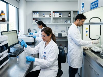 workers in a modern lab performing raw materials testing for pharmaceutical development