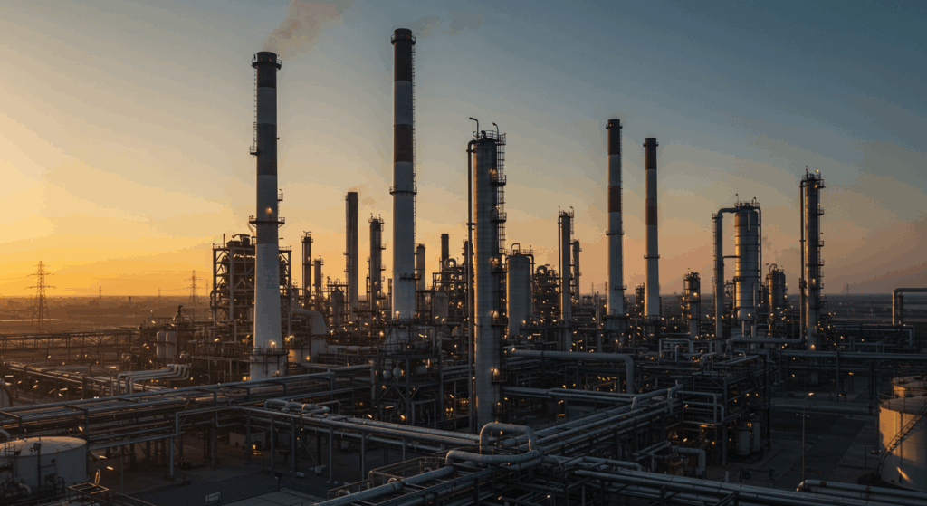 exterior image of an industrial chemical manufacturing facility at sunset suggesting the importance of REACH regualtions in the safe manufacturing of chemicals