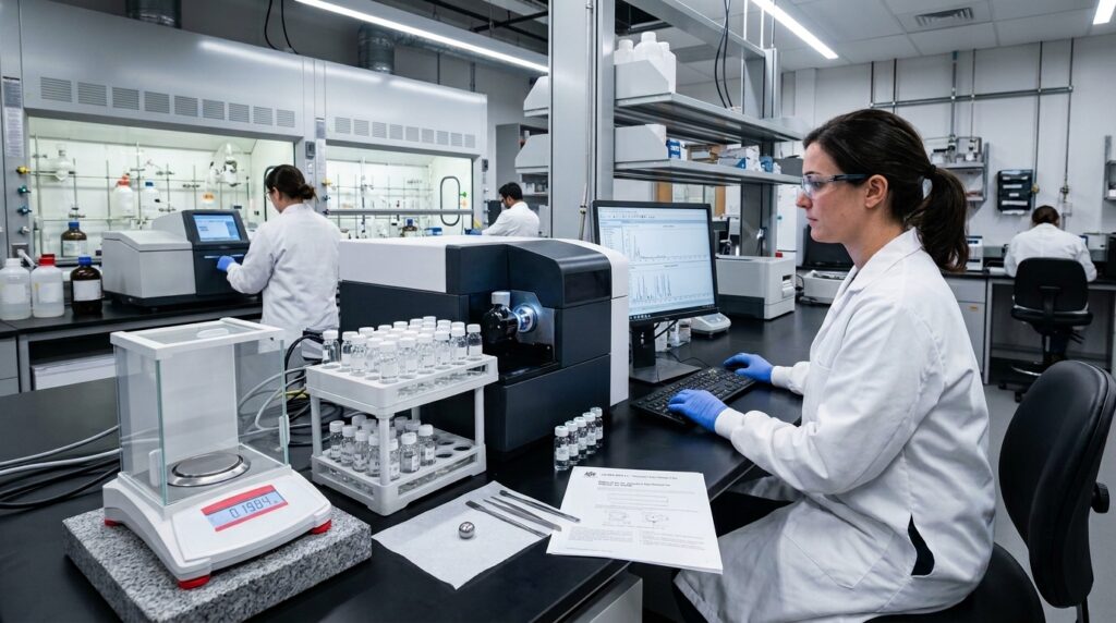 A scientist in a white lab coat and blue nitrile gloves operates a bench-top ICP-MS instrument in a clean analytical chemistry laboratory alongside a sample vial rack and precision balance.