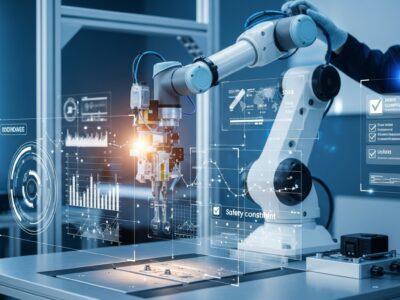 A high-tech robotic arm undergoing testing in a modern lab environment.