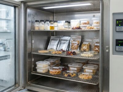 Food product samples inside a laboratory stability testing chamber with visible temperature and humidity controls