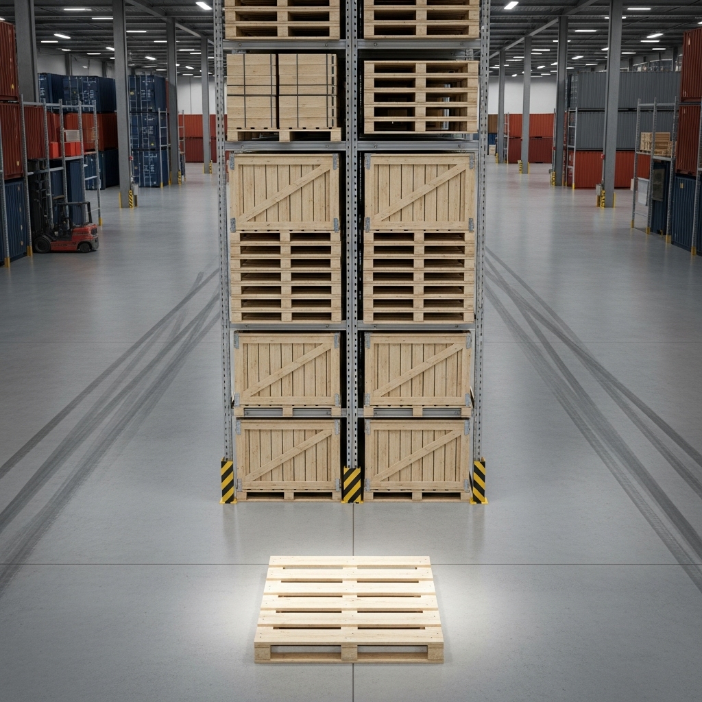 A pallet stands alone on a warehouse floor in front of a tall storage rack filled with wooden crates, with tire marks visible on the concrete floor and stacked shipping containers in the background.