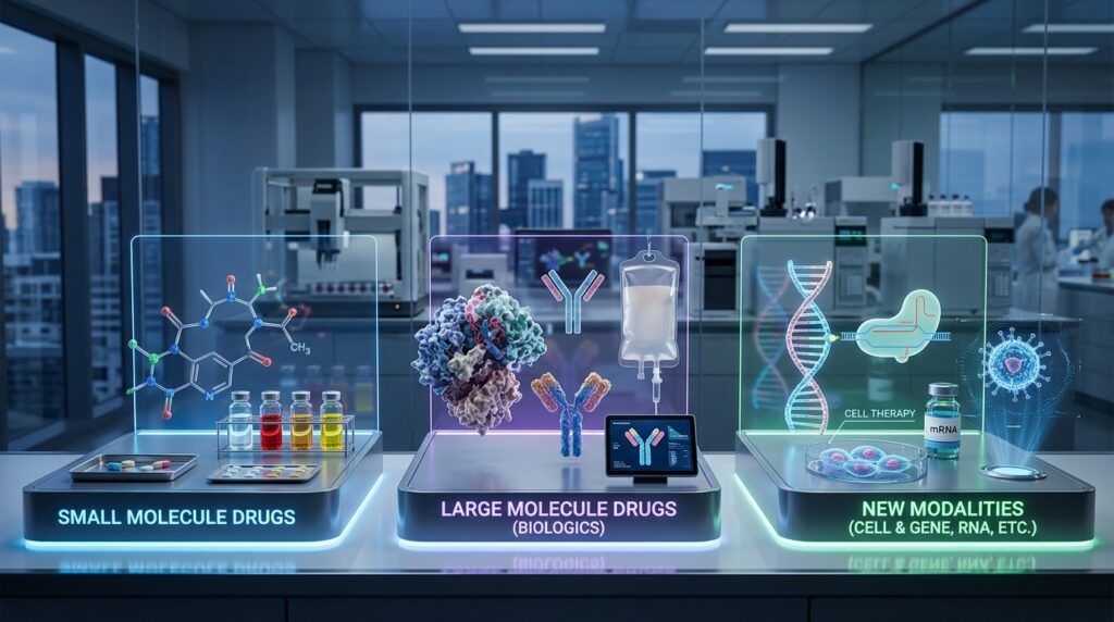 illustration showing small molecule drugs, large molecule biologics, and new modalaties in drug development