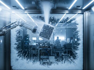 Robotic arm in a climate-controlled chamber blasting a test object with simulated snow and ice for extreme weather durability testing.