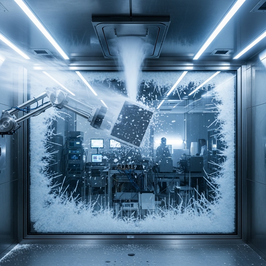 Robotic arm in a climate-controlled chamber blasting a test object with simulated snow and ice for extreme weather durability testing.