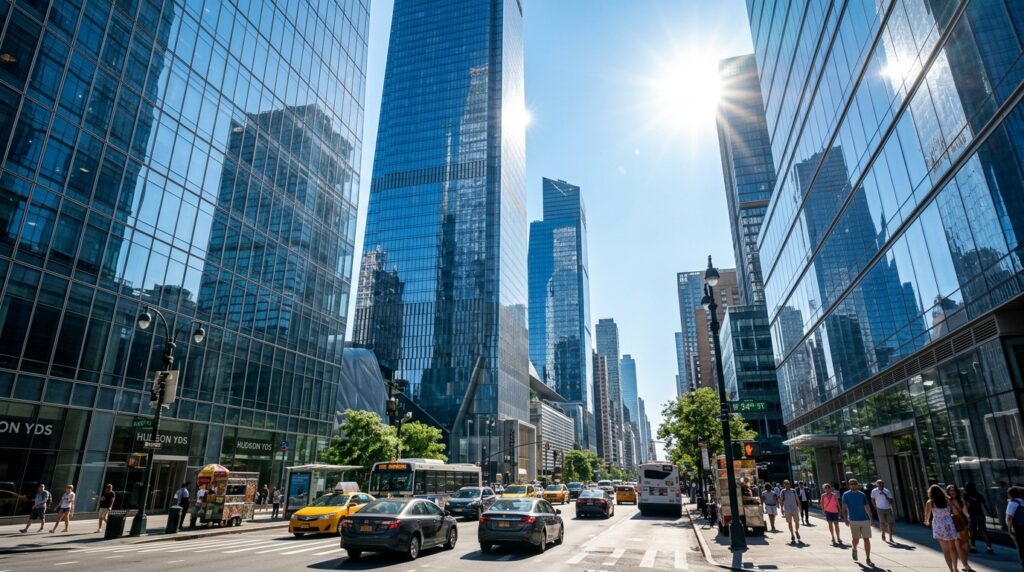 modern streetscape of high-rise offices on sunny day illustrating the significance of solar reflectance index testing in urban environments