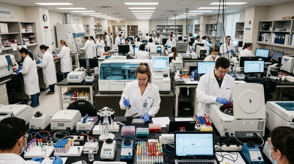 a bisy medical laboratory performing stat, urgent, and routine medical testing