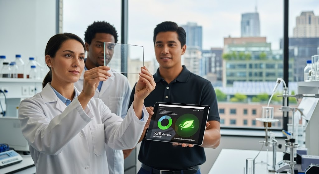 A team of scientists in a modern laboratory evaluates a transparent glass panel for sustainability, with one holding the panel and another displaying a tablet showing recycling statistics and environmental impact icons.