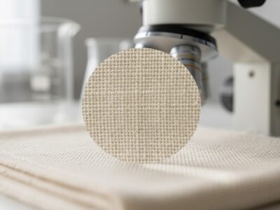 Microscope focused on woven organic cotton fabric.