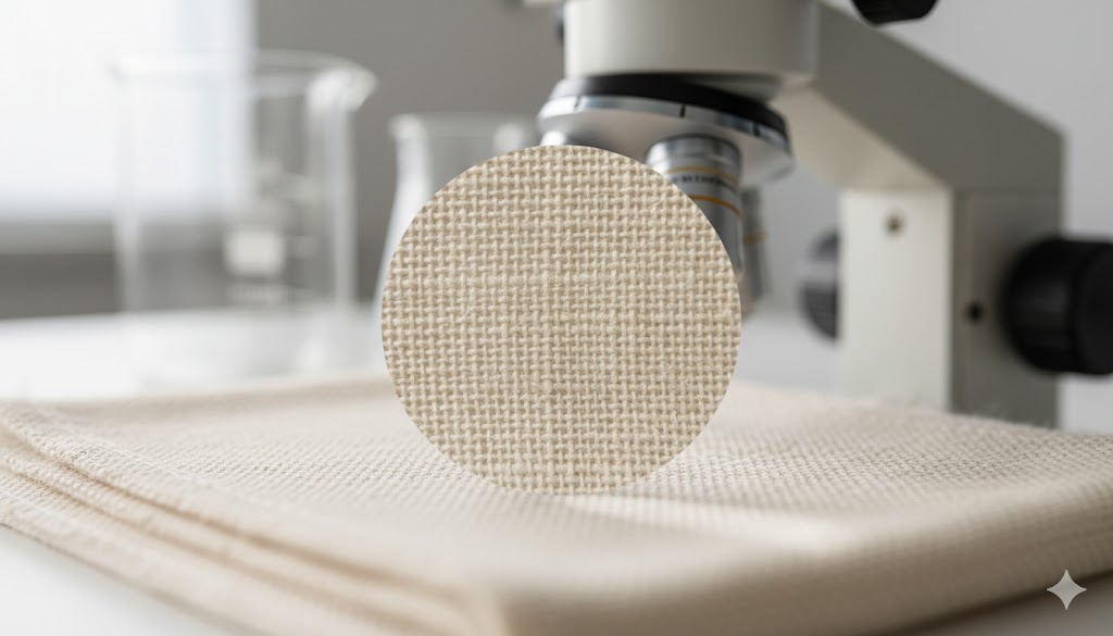 Microscope focused on woven organic cotton fabric.