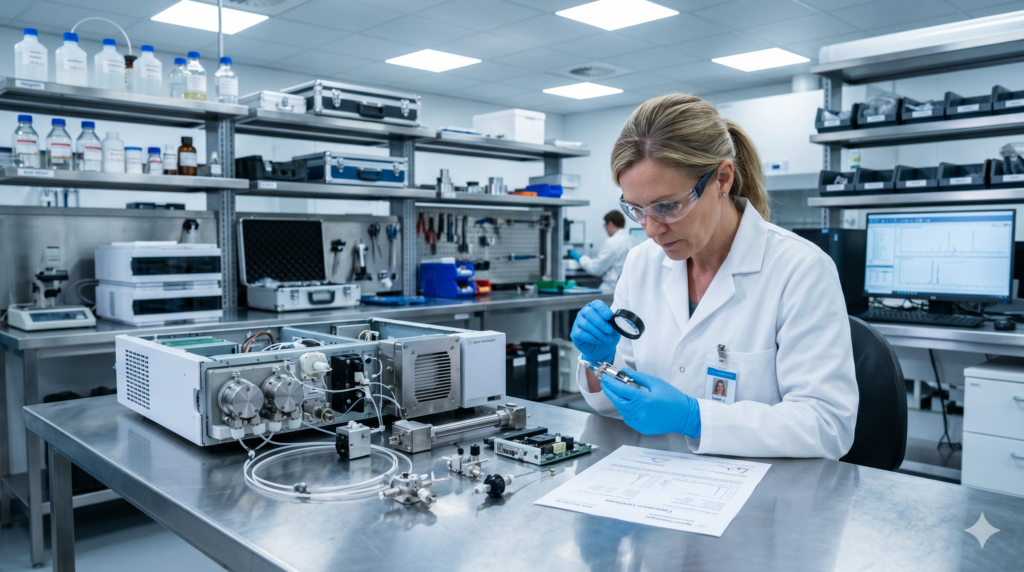 A professional laboratory technician in nitrile gloves carefully inspecting a disassembled HPLC analytical system on a stainless steel workbench. The technician reviews a printed calibration certificate document placed alongside the instrument components.