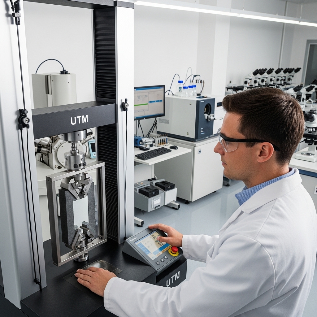 Scientist operating a universal testing machine (UTM) to measure the strength of a fiberglass sample in a laboratory.