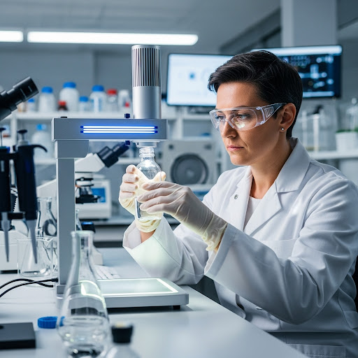 Scientist in a lab coat and goggles inspecting a glass bottle under a microscope in a modern laboratory.