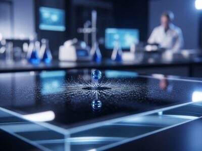 Close-up of a water droplet on coated glass, showing surface tension patterns, with laboratory equipment blurred in the background.