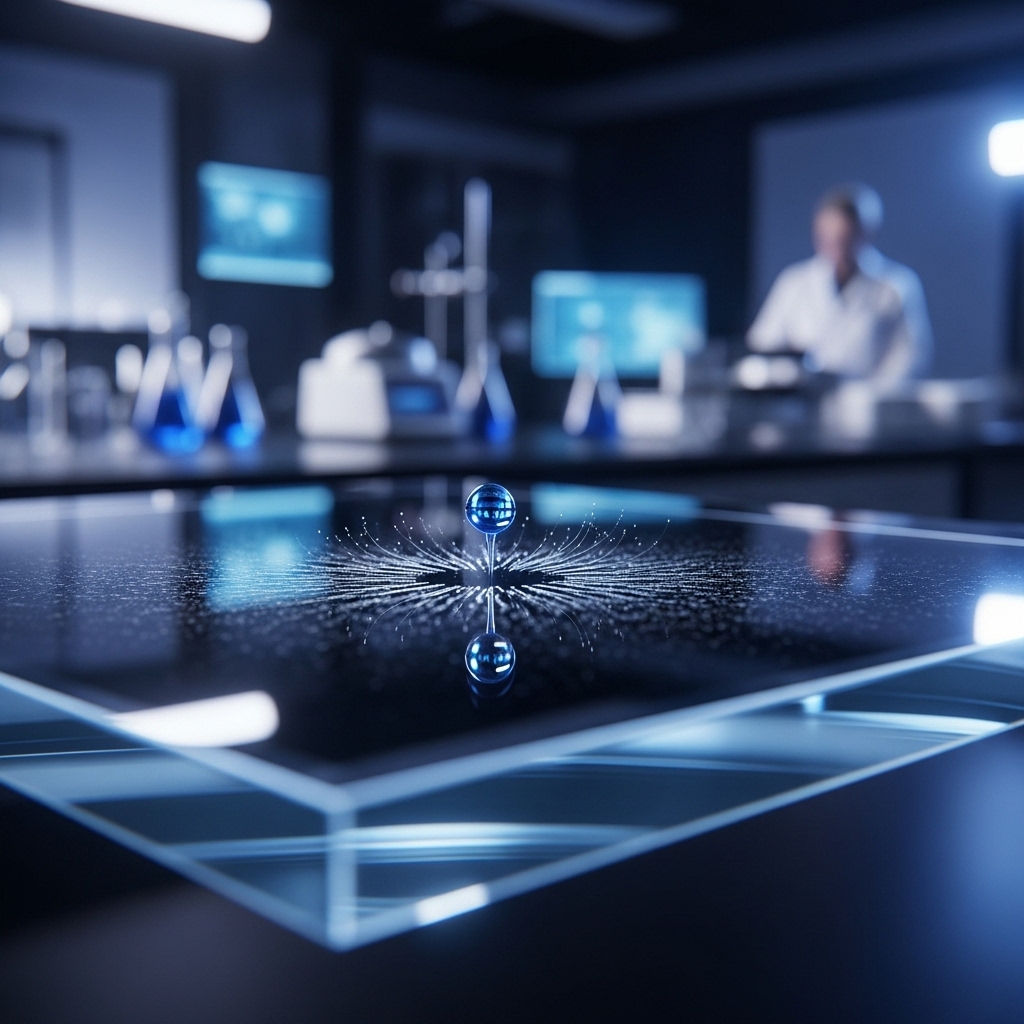 Close-up of a water droplet on coated glass, showing surface tension patterns, with laboratory equipment blurred in the background.