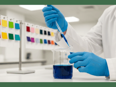 Chemist testing blue dye in lab, textile colorfastness analysis.