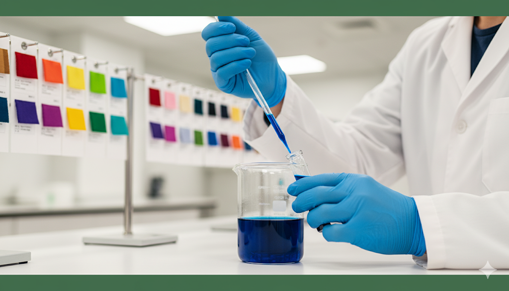 Chemist testing blue dye in lab, textile colorfastness analysis.