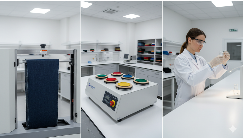 Modern textile testing lab with tensile strength, pilling, and chemical analysis equipment.